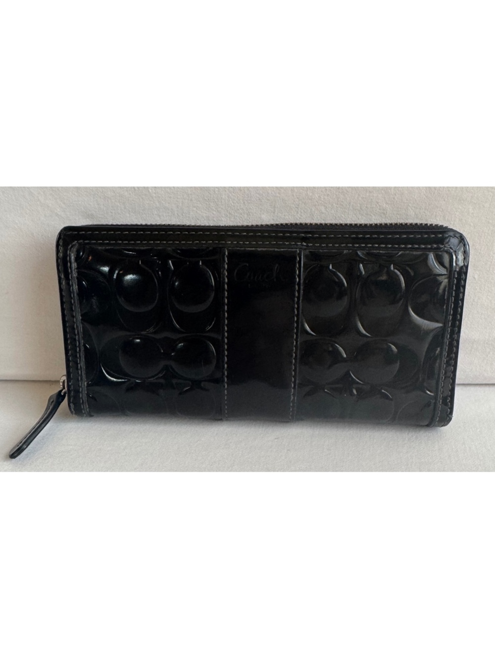 Coach F54805 Black Signature Debossed Patent Leather Accordion Zip Wallet